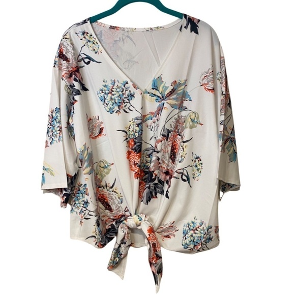 Floral Blouse white with tie knot with mid length sleeve size L ☀️ - Picture 1 of 15